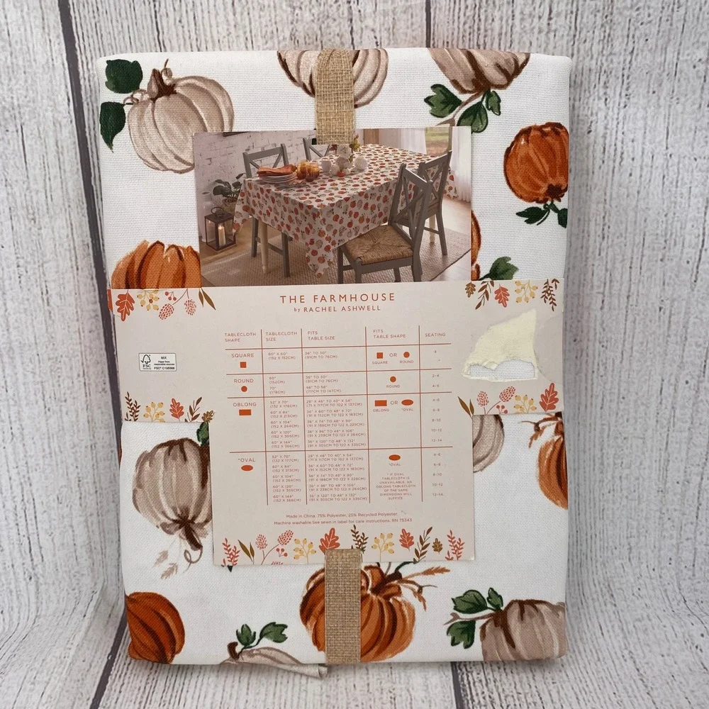 Rachel Ashwell Tablecloth 60x120 White Orange Pumpkin Farmhouse Fall Autumn